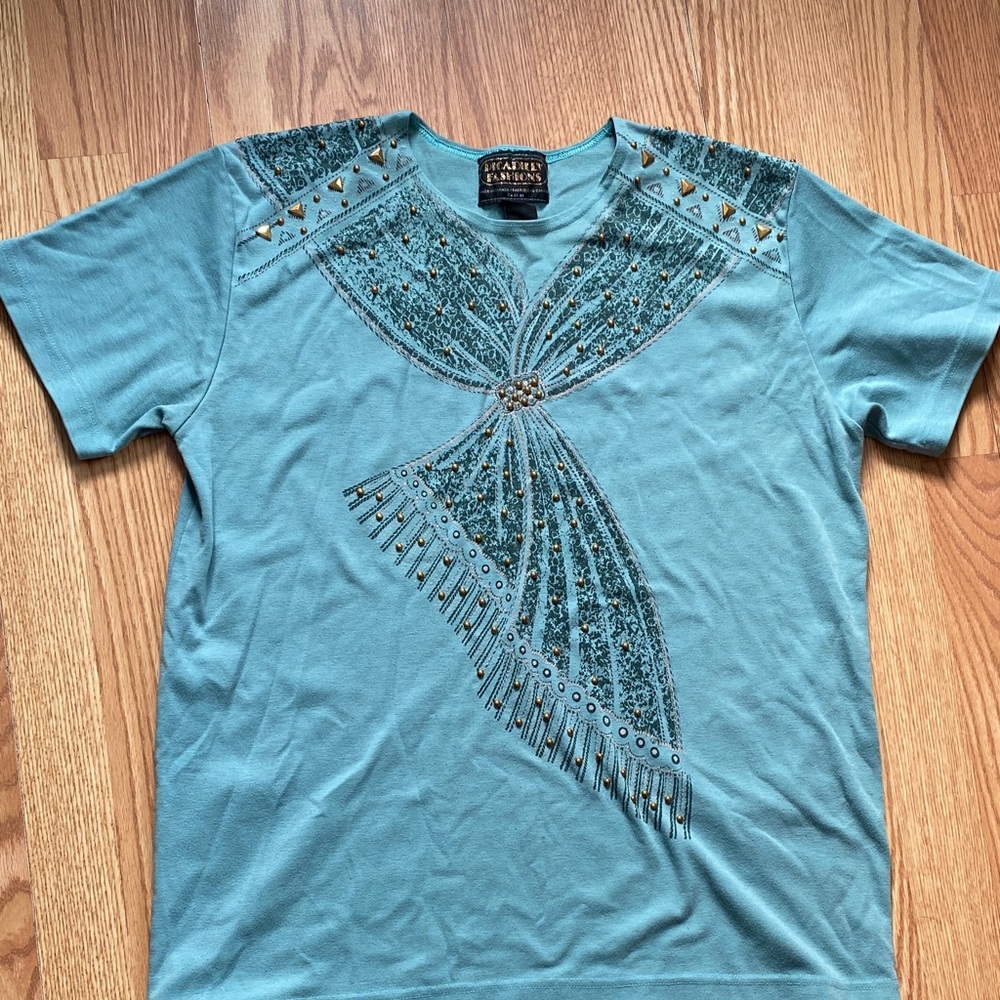 Picadilly Fashion Teal and blue Embellished Short Sleeve shirts for every day.